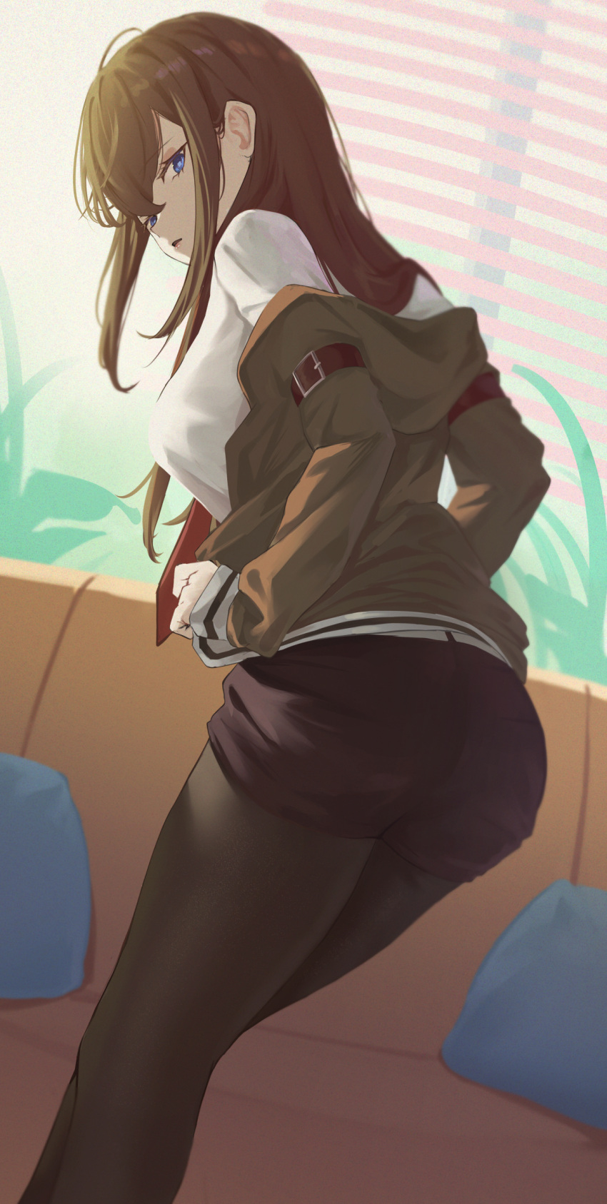 1girl ass bangs black_pantyhose black_shorts blue_eyes breasts brown_hair brown_jacket couch day feet_out_of_frame from_behind highres indoors jacket long_hair long_sleeves looking_at_viewer looking_back makise_kurisu medium_breasts nev_(nevblindarts) open_clothes open_jacket pantyhose pantyhose_under_shorts parted_lips pillow shirt short_shorts shorts sidelocks solo standing steins;gate steins;gate_0 undressing white_shirt window
