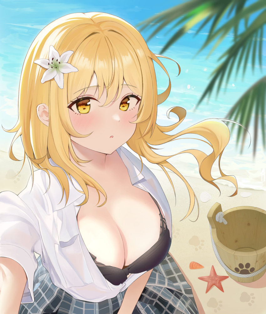 1girl :o alternate_costume beach black_bra blush bra breasts bucket cleavage collared_shirt flower genshin_impact hair_flower hair_ornament highres large_breasts lumine_(genshin_impact) ocean outstretched_arm palm_tree parted_lips partially_unbuttoned plaid plaid_skirt sand school_uniform selfie shirt short_hair_with_long_locks short_sleeves sidelocks skirt solo starfish tree underwear wooden_bucket wusaihai