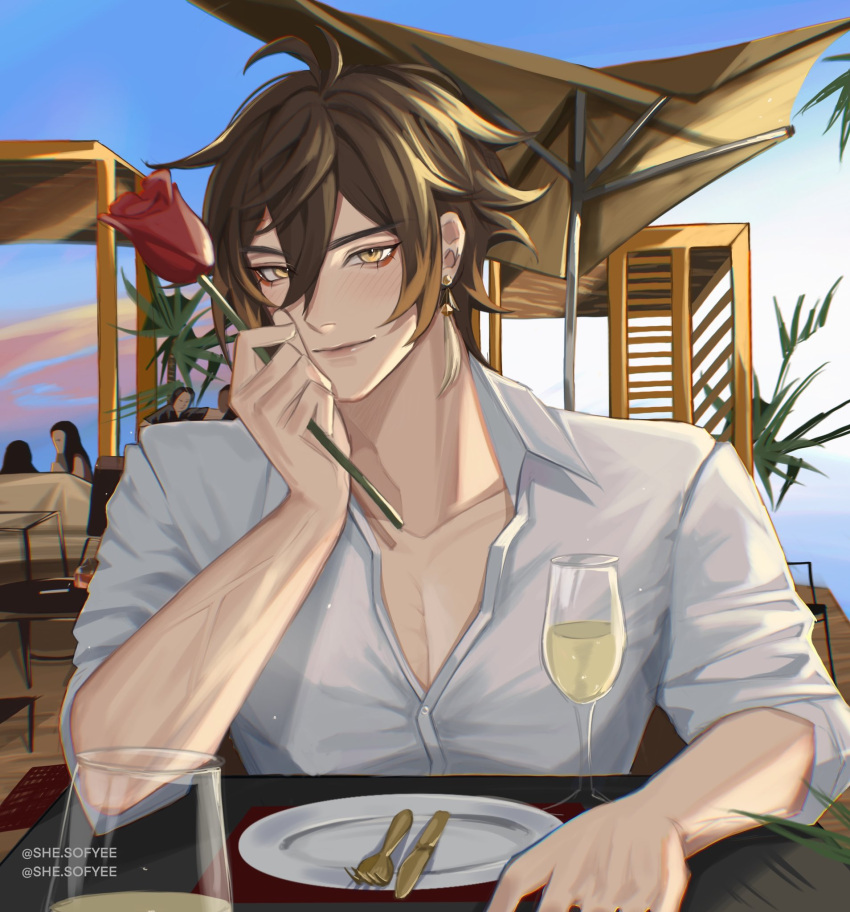 1boy bamboo bangs branch brown_hair cup earrings genshin_impact hair_between_eyes highres jewelry leaf male_focus palm_leaf palm_tree plant potted_plant shesofyee shirt solo tassel tassel_earrings tree yellow_eyes zhongli_(genshin_impact)