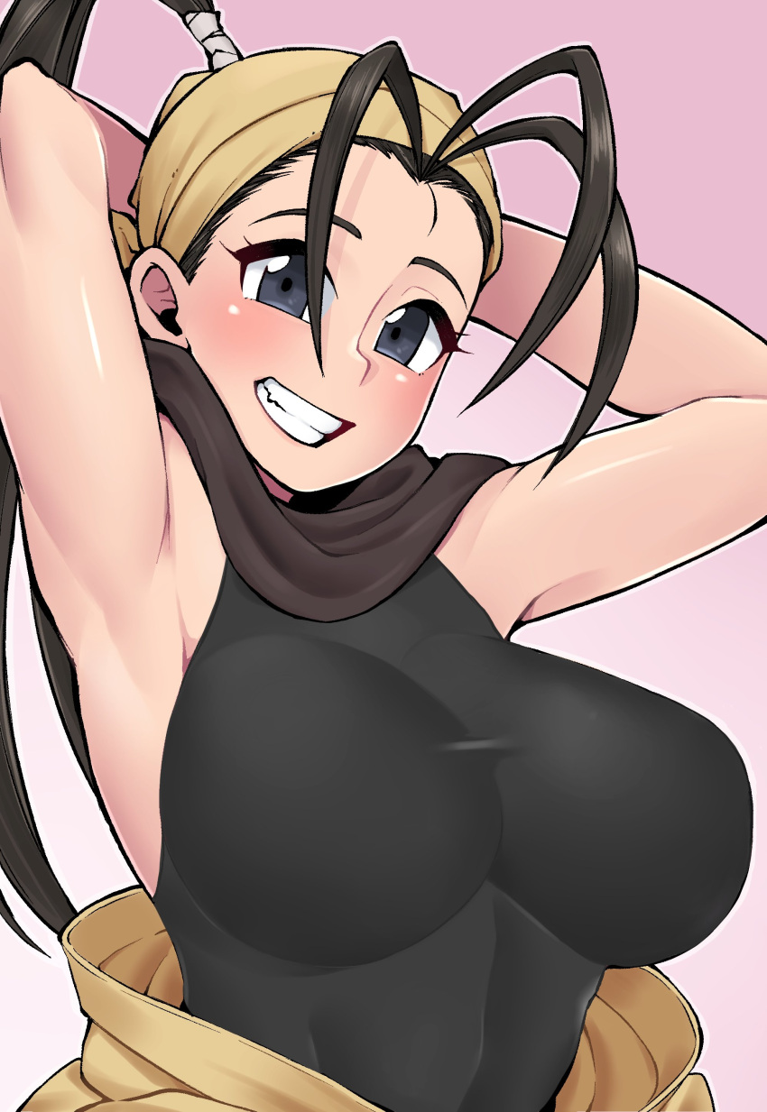 1girl absurdres antenna_hair armpits arms_behind_head arms_up bandana black_hair black_leotard breasts brown_scarf clothes_around_waist fang grey_eyes grin high_ponytail highres ibuki_(street_fighter) impossible_clothes impossible_leotard kurozu_(crozu) large_breasts leotard leotard_under_clothes long_hair looking_at_viewer ninja presenting_armpit scarf skin_tight smile solo source_request street_fighter street_fighter_iii_(series) upper_body