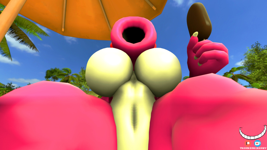 16:9 3d_(artwork) accessory anthro beach beach_umbrella big_breasts birdo bow_ribbon breasts detailed_background digital_media_(artwork) featureless_breasts female food hi_res holding_food holding_object holding_popsicle mario_bros nintendo pink_body plant popsicle reptile sand scalie sea seaside solo source_filmmaker thecheshireguy thick_thighs tree umbrella video_games water widescreen