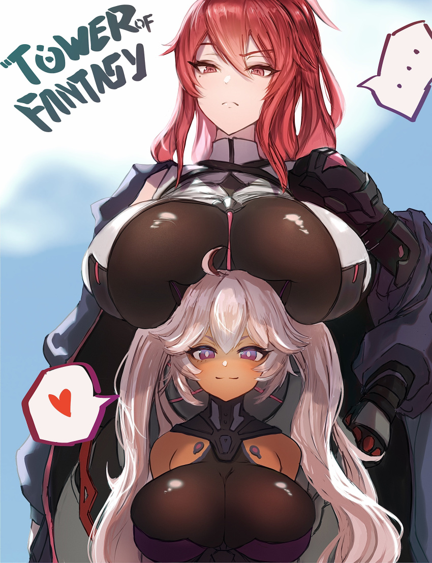 ... 2girls absurdres bangs breast_rest breasts breasts_on_head cleavage closed_mouth copyright_name ehtuho frigg_(tower_of_fantasy) heart height_difference highres large_breasts long_hair looking_at_viewer multiple_girls red_hair speech_bubble spoken_ellipsis spoken_heart tower_of_fantasy wanderer_(tower_of_fantasy)
