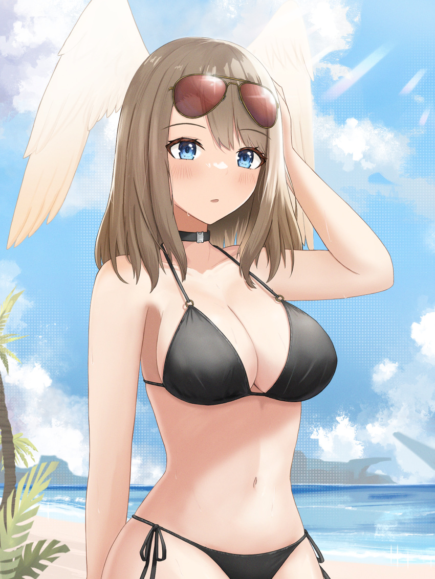 1girl :o absurdres aviator_sunglasses bangs beach bikini black_bikini black_choker blue_eyes blush breasts brown_hair choker cleavage eunie_(xenoblade) eyewear_on_head hand_on_own_head head_wings highres ka_maru large_breasts looking_at_viewer medium_hair navel o-ring ocean open_mouth palm_leaf palm_tree sand side-tie_bikini_bottom sideboob solo string_bikini summer sunglasses swept_bangs swimsuit tree white_wings wings xenoblade_chronicles_(series) xenoblade_chronicles_3