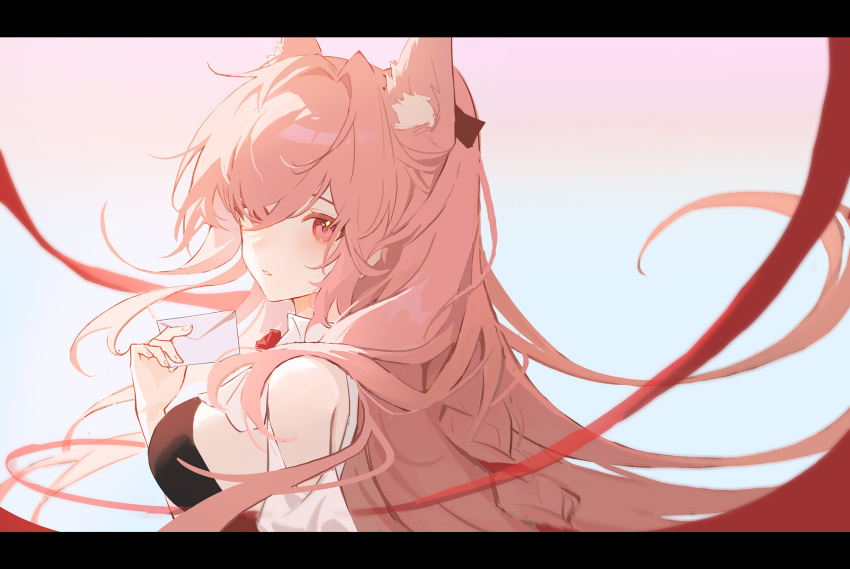 1girl animal_ear_fluff animal_ears arknights bare_shoulders envelope from_side gradient gradient_background hair_over_one_eye highres holding holding_envelope letterboxed long_hair looking_at_viewer looking_to_the_side parted_lips pingdiguo pink_eyes pink_hair pozyomka_(arknights) solo upper_body very_long_hair white_background wolf_ears