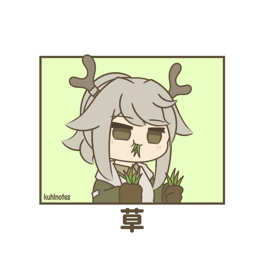 1girl absurdres animal_ears antlers arknights artist_name blush_stickers border brown_gloves chibi deer deer_antlers deer_ears deer_girl eating firewatch_(arknights) food food_in_mouth gloves grass green_background green_jacket green_shirt highres holding holding_food jacket kuhl-notes medium_hair meme ponytail reindeer_antlers shirt sidelocks simple_background solo upper_body white_border