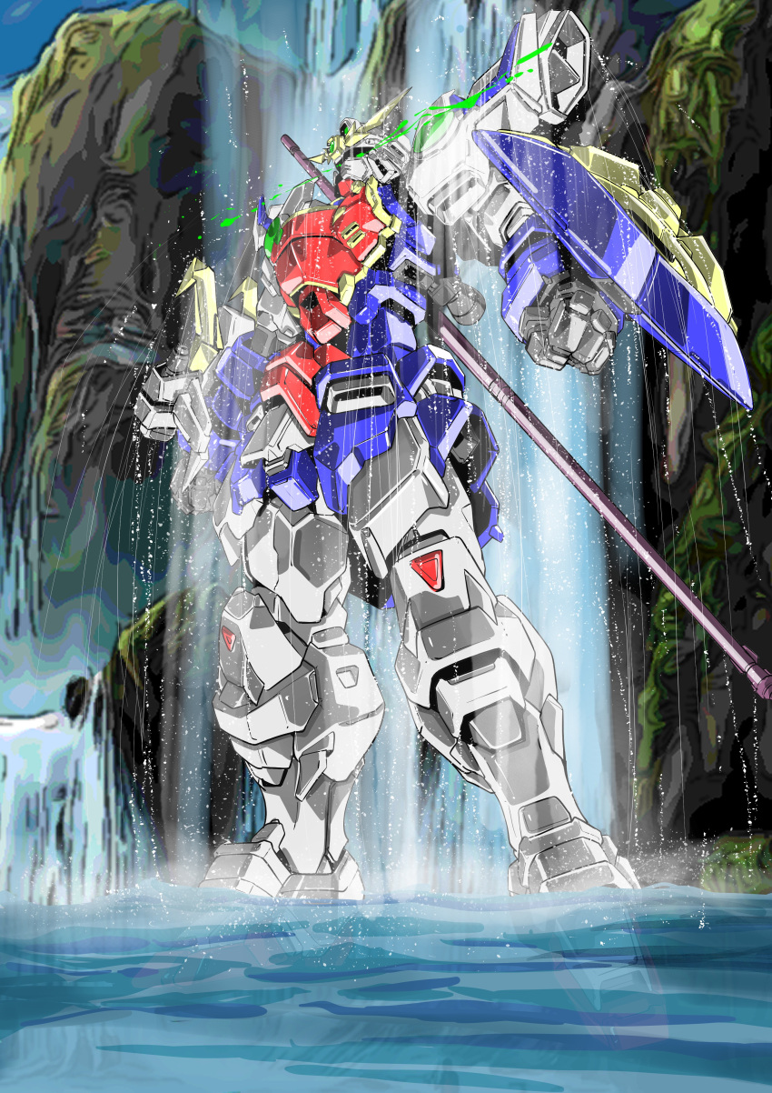 absurdres clenched_hands eye_trail green_eyes gundam gundam_wing highres light_trail looking_up mecha mobile_suit niidan no_humans robot science_fiction shenlong_gundam shield solo v-fin water waterfall