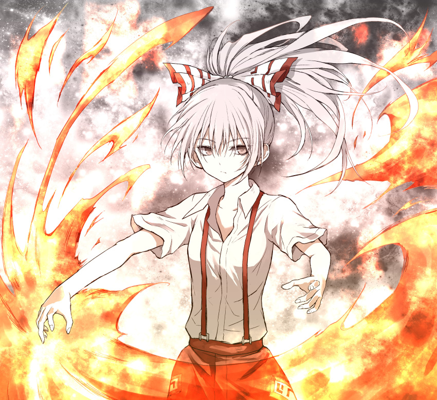 1girl absurdres bangs bow closed_mouth collarbone collared_shirt fire fujiwara_no_mokou hair_bow highres long_hair looking_at_viewer pants ponytail red_eyes red_pants shimoda_masaya shirt short_sleeves simple_background solo suspenders touhou upper_body white_background white_shirt