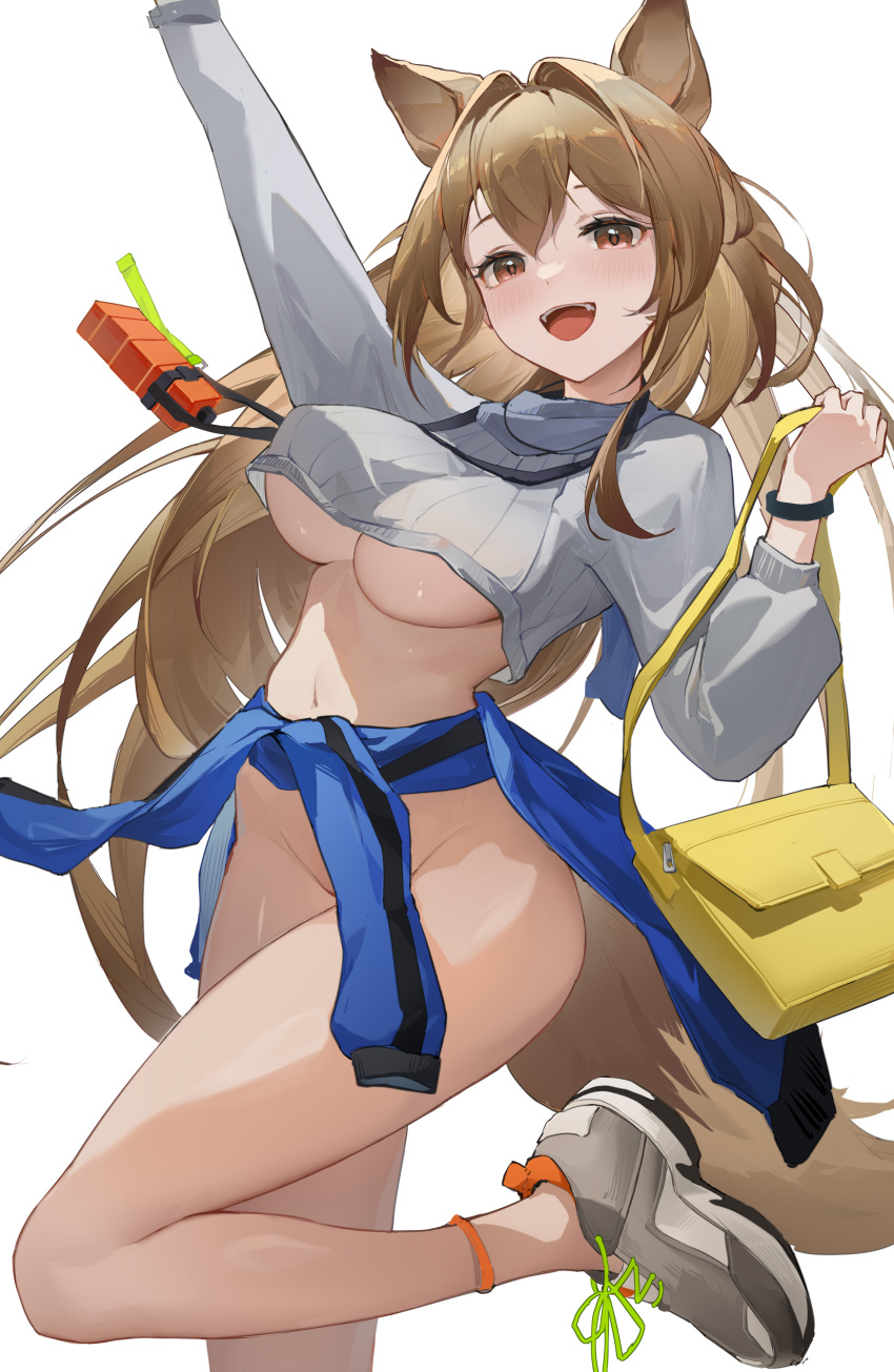 1girl :d absurdres adapted_costume ambience_synesthesia animal_ears arknights arm_up bag blue_jacket blush bottomless bouncing_breasts bracelet breasts brown_eyes brown_hair ceobe_(arknights) clothes_around_waist crop_top crop_top_overhang dog_ears dog_girl dog_tail expressionless grey_footwear grey_sweater handbag highres holding holding_bag jacket jacket_around_waist jewelry large_breasts leg_up long_hair long_sleeves looking_at_viewer navel official_alternate_costume open_mouth shoes simple_background smile sneakers solo standing standing_on_one_leg stomach sweater tail very_long_hair white_background zombie_ke