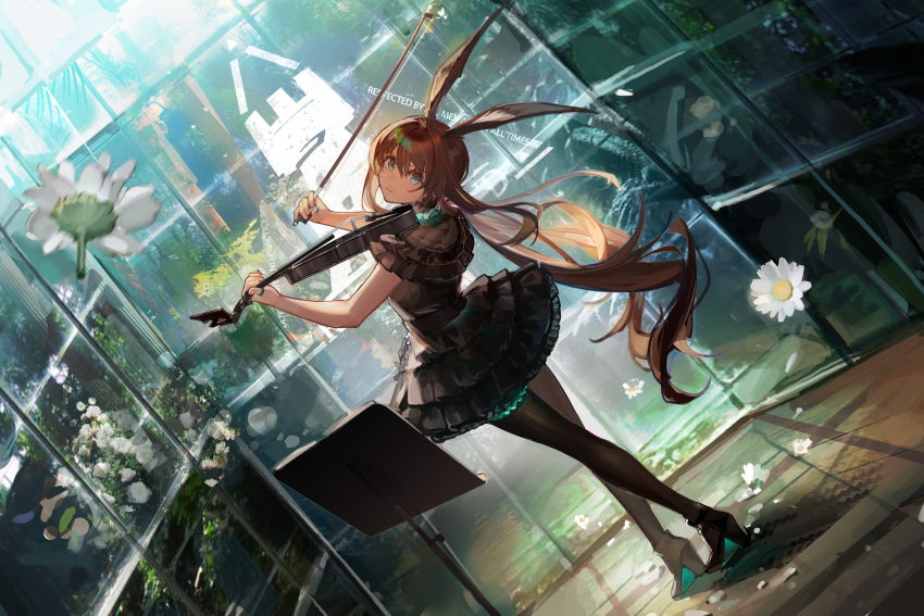 1girl absurdres ambience_synesthesia amiya_(arknights) animal_ears arknights bare_arms black_dress black_footwear black_pantyhose blue_eyes bow_(music) brown_hair commentary_request dress dutch_angle flower frilled_dress frills from_behind full_body greenhouse hands_up high_heels highres instrument jewelry long_hair looking_at_viewer looking_back music music_stand neriash official_alternate_costume pantyhose playing_instrument rabbit_ears rhodes_island_logo ring sleeveless sleeveless_dress solo standing thumb_ring violin white_flower