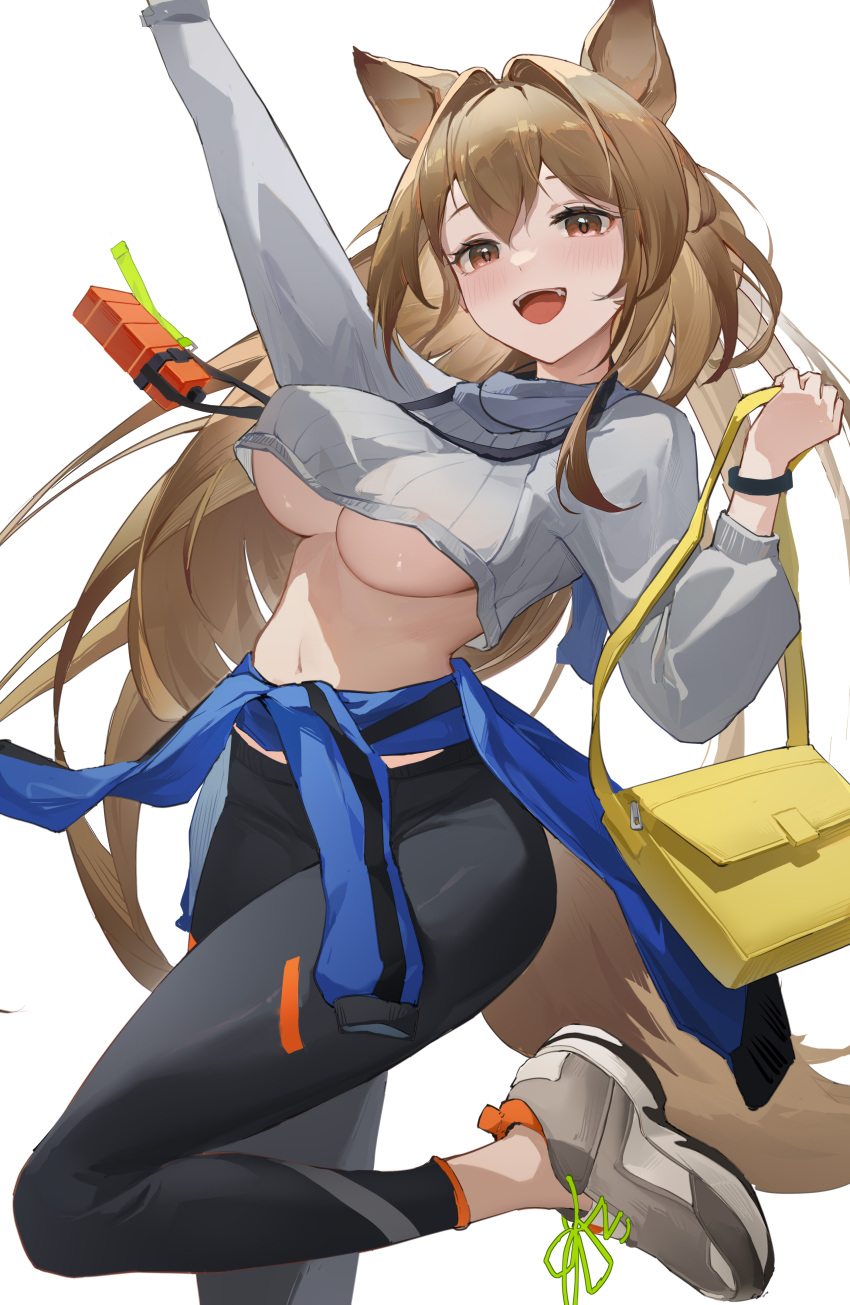 1girl :d absurdres adapted_costume ambience_synesthesia animal_ears arknights arm_up bag black_pants blue_jacket blush bouncing_breasts bracelet breasts brown_eyes brown_hair ceobe_(arknights) clothes_around_waist crop_top crop_top_overhang dog_ears dog_girl dog_tail expressionless grey_footwear grey_sweater handbag highres holding holding_bag jacket jacket_around_waist jewelry large_breasts leg_up long_hair long_sleeves looking_at_viewer navel official_alternate_costume open_mouth pants shoes simple_background smile sneakers solo standing standing_on_one_leg stomach sweater tail tight tight_pants very_long_hair white_background yoga_pants zombie_ke