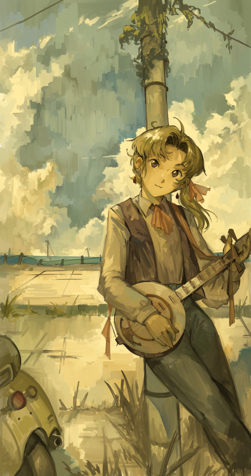 1girl absurdres android blue_pants bow brown_eyes cloud earrings green_hair ground_vehicle hatsuseno_alpha highres holding holding_instrument instrument jewelry kornod landscape looking_at_viewer motor_vehicle outdoors pants peaceful scooter shirt solo vespa white_shirt yellow_bow yokohama_kaidashi_kikou yueqin