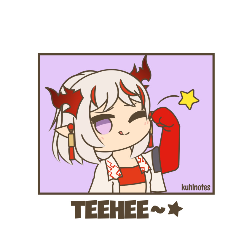 1girl arknights artist_name border chibi dragon_girl dragon_horns english_text horns kuhl-notes nian_(arknights) one_eye_closed pointy_ears purple_background simple_background solo tehepero upper_body white_border