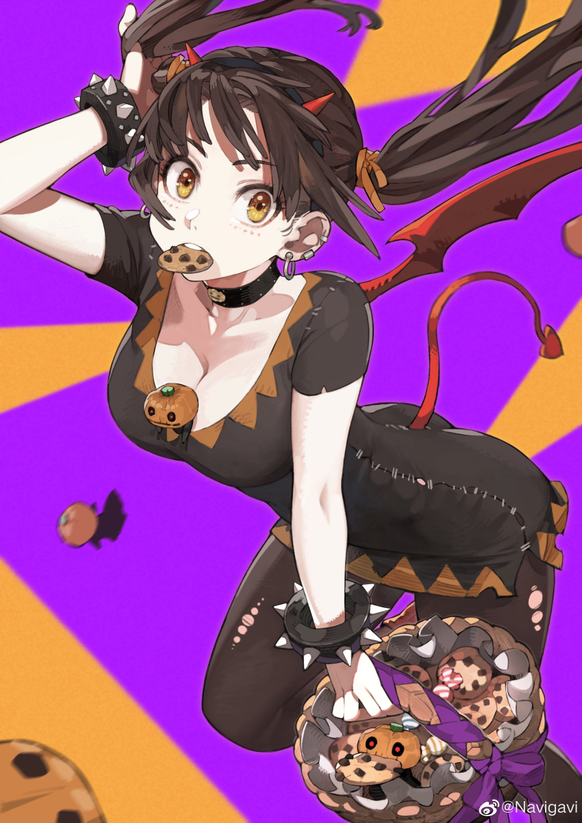 1girl absurdres basket bracelet breasts brown_hair chocolate_chip_cookie choker cleavage cookie demon_girl demon_horns demon_tail demon_wings food food_in_mouth halloween halloween_costume highres horns jack-o'-lantern jewelry jun_(seojh1029) long_hair looking_at_viewer medium_breasts original purple_background solo spiked_bracelet spikes tail torn_clothes torn_legwear twintails weibo_logo weibo_username wings yellow_eyes