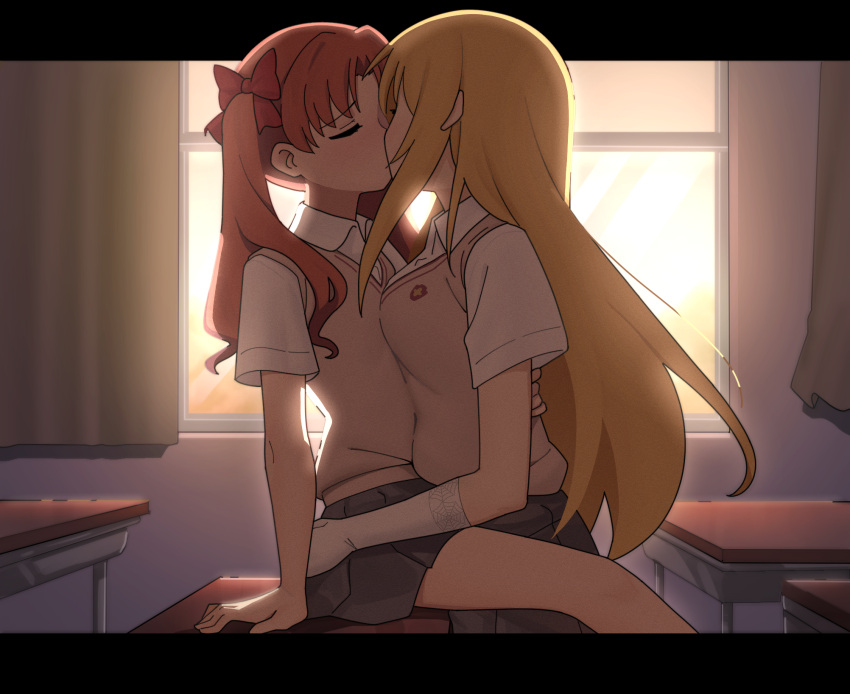 2girls ass_grab black_skirt blonde_hair bow breasts brown_vest classroom closed_eyes curtains desk flat_chest frip gloves hair_bow highres hug kiss long_hair multiple_girls on_desk red_bow red_hair school_desk school_uniform shirai_kuroko shirt shokuhou_misaki short_sleeves skirt small_breasts toaru_kagaku_no_mental_out toaru_kagaku_no_railgun toaru_majutsu_no_index tokiwadai_school_uniform twintails very_long_hair vest white_gloves white_shirt window yuri