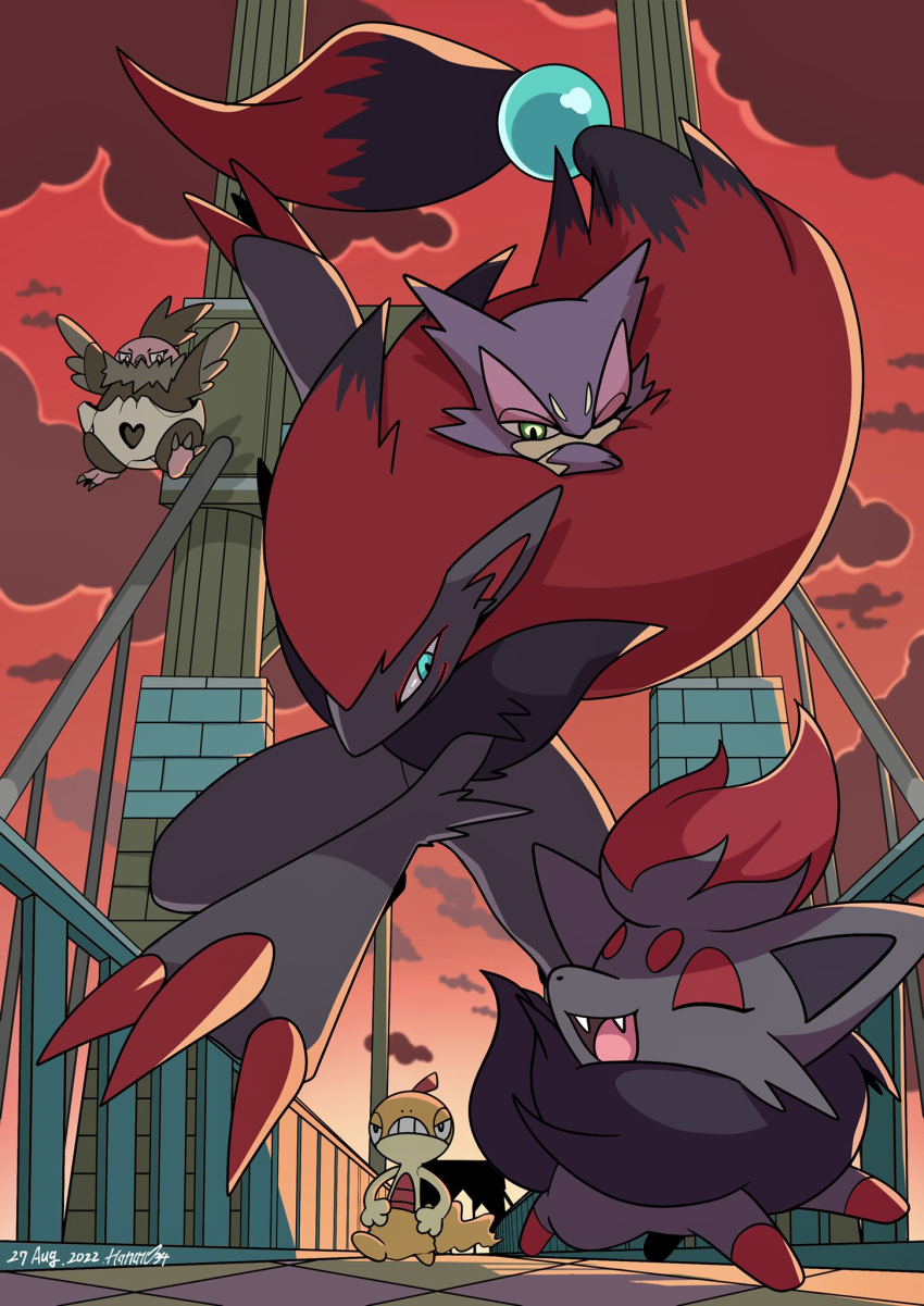 :d bridge claws closed_eyes cloud commentary_request fangs from_below hanato_yousei highres no_humans open_mouth outdoors pokemon pokemon_(creature) purrloin scraggy sky smile tongue vullaby zoroark zorua