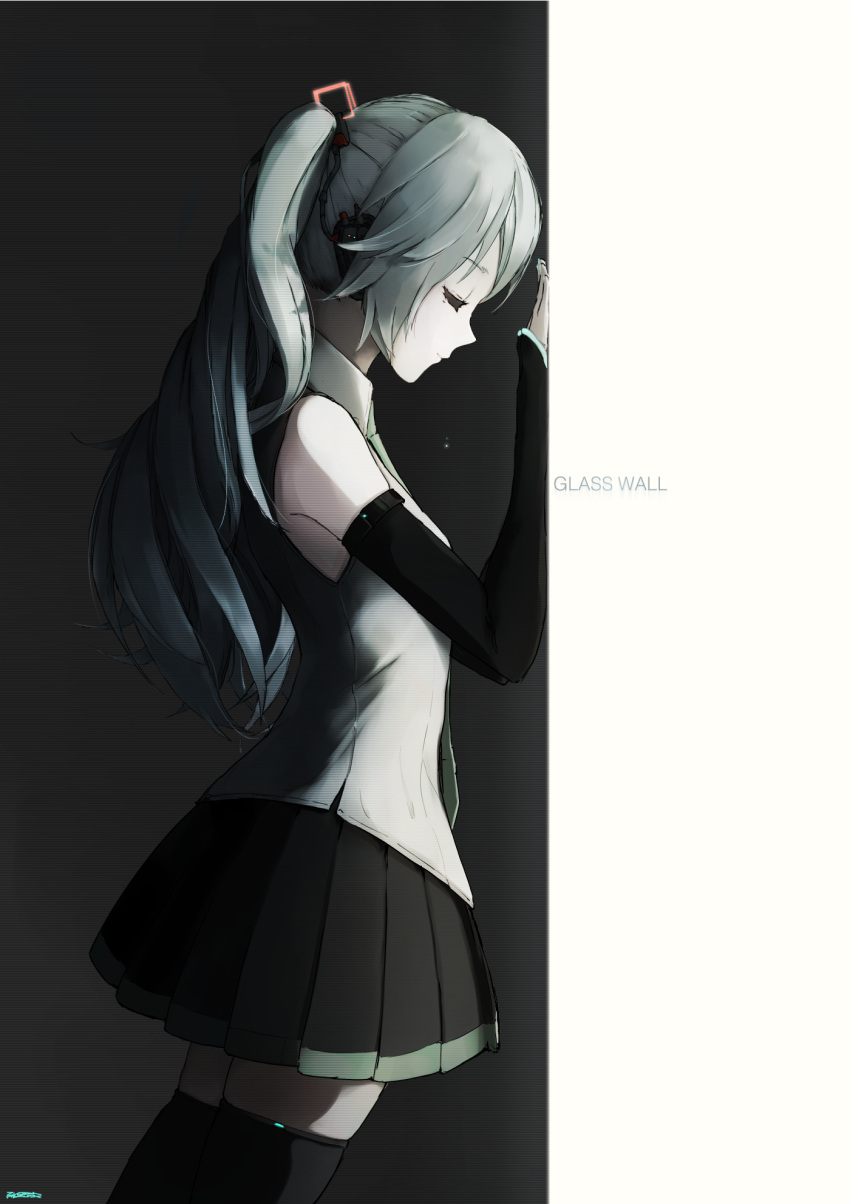 1girl black_skirt black_sleeves black_thighhighs closed_eyes closed_mouth collared_shirt detached_sleeves grey_background grey_hair grey_shirt hair_ornament hatsune_miku highres long_hair long_sleeves malcolm_x_(artist) miniskirt pleated_skirt profile shirt skirt sleeveless sleeveless_shirt solo thighhighs twintails two-tone_background vocaloid white_background wing_collar zettai_ryouiki
