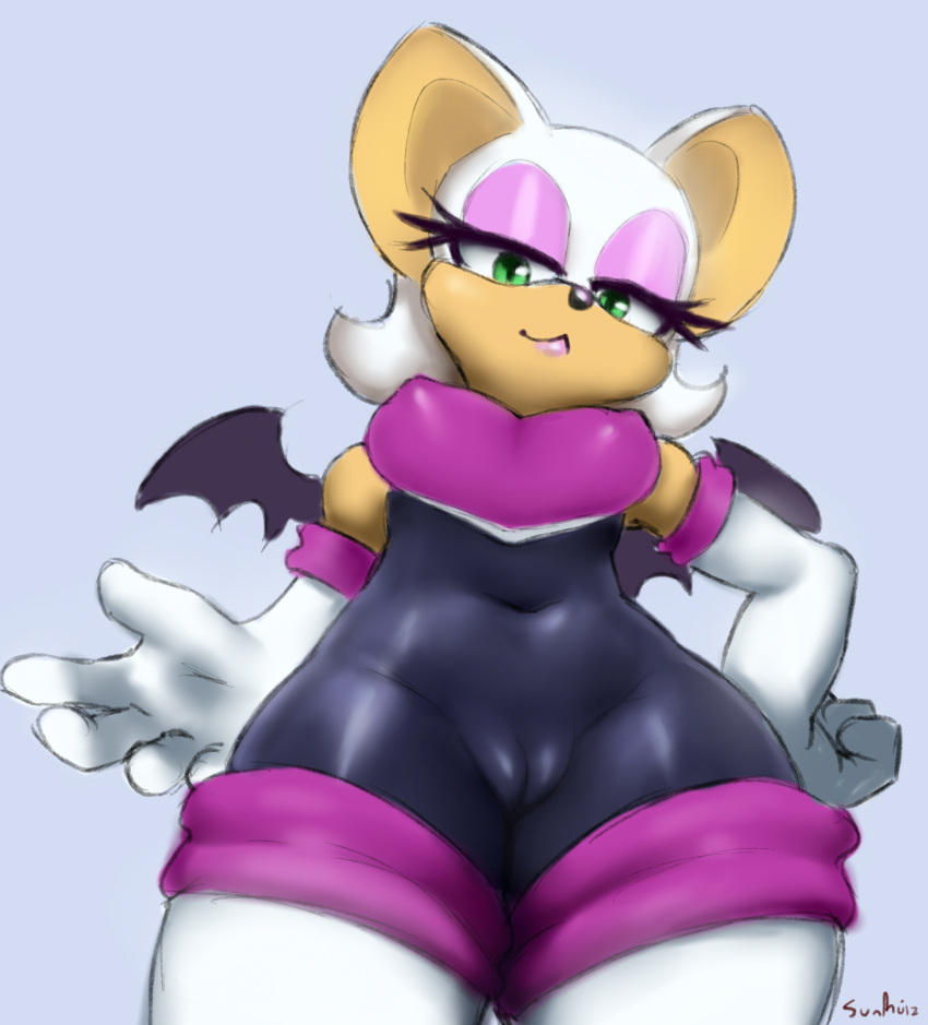 anthro armwear bodysuit breasts camel_toe chiropteran clothing elbow_gloves eyeliner female genital_outline genitals gloves handwear hi_res looking_at_viewer makeup mammal pussy rouge_the_bat sega skinsuit solo sonic_the_hedgehog_(series) sunhuiz tight_clothing wings