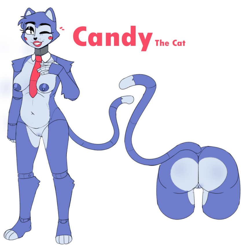 &lt;3 5_fingers animatronic anthro blue_body breasts butt candy_(fnac) domestic_cat english_text felid feline felis female fingers five_nights_at_candy's freckles genitals heart_nose hi_res lipstick machine makeup mammal model_sheet necktie one_eye_closed pussy robot shirt_collar simple_background solo text wink zhenai