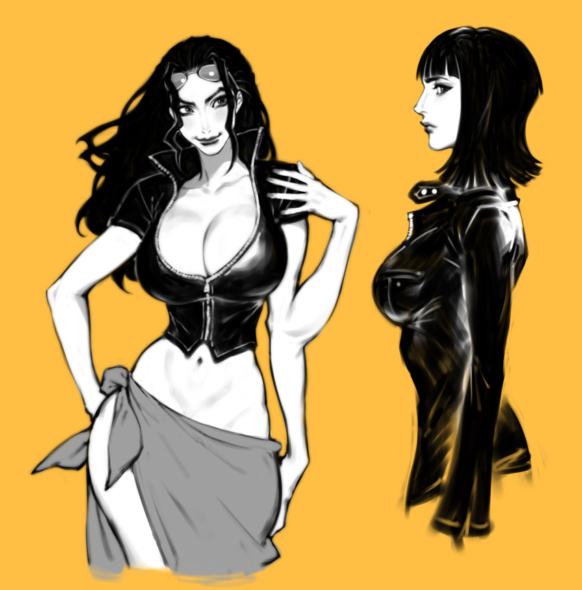 1girl breasts cleavage cropped_legs extra_arms eyewear_on_head from_side hair_slicked_back highres jacket large_breasts lips long_hair medium_hair midriff monochrome nico_robin nose one_piece partially_unzipped sarong sunglasses upper_body yellow_background zelus