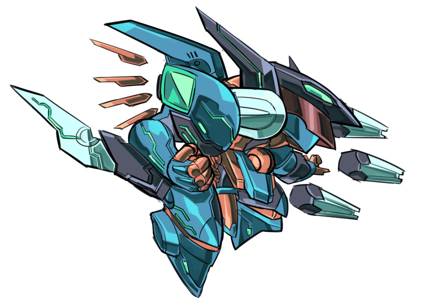 absurdres arm_blade chibi clenched_hand commission english_commentary funnels_(gundam) green_eyes highres jehuty looking_ahead mecha mechanical_wings open_hand orbital_frame_(zone_of_the_enders) pillar_buster robot science_fiction solo weapon wings zone_of_the_enders