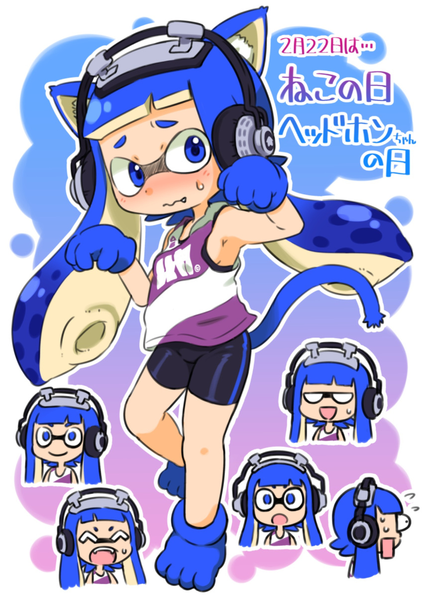 1girl animal_ear_fluff animal_ears animal_hands bike_shorts black_shorts blue_eyes blue_gloves blue_hair blue_tail breasts cat_day cat_ears cat_tail closed_mouth expressions fang fang_out furrowed_brow gloves hands_up headphone-chan_(splatoon) headphones highres ikaheigen inkling inkling_girl kemonomimi_mode outline paw_gloves paw_shoes shorts sideboob single_vertical_stripe splatoon_(manga) splatoon_(series) suction_cups tail tail_raised tank_top tentacle_hair wavy_mouth white_outline