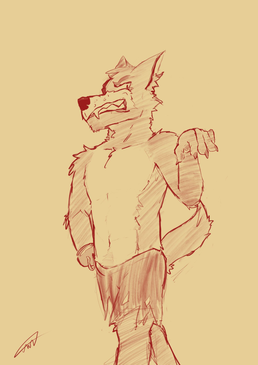 2022 5_fingers anthro biped black_and_yellow bottomwear bottomwear_only canid canine canis claws clothed clothing cwasaunt digital_drawing_(artwork) digital_media_(artwork) eyebrows fangs finger_claws fingers five_nights_at_freddy's flamboyant fox foxy_(fnaf) fur head_tuft hi_res hook hook_hand limp_wrist looking_at_viewer male mammal monochrome navel pawpads pirate portrait pose scottgames shorts signature simple_background sketch sneer solo standing teeth three-quarter_portrait three-quarter_view toothy_grin topless topless_anthro topless_male torn_bottomwear torn_clothing torn_shorts tuft video_games yellow_background