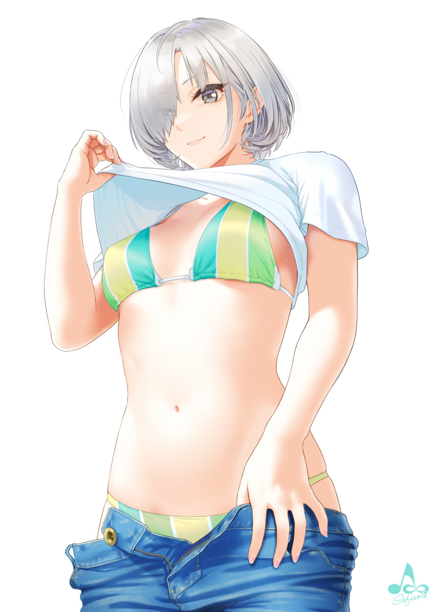 1girl artist_logo bangs bikini bikini_under_clothes breasts closed_mouth clothes_lift clothes_pull denim denim_shorts eyes_visible_through_hair grey_eyes grey_hair hair_over_one_eye highres infinote lips looking_at_viewer medium_breasts navel open_fly original sashou_mihiro shirt shirt_lift short_hair short_sleeves shorts shorts_pull signature simple_background skindentation smile solo striped striped_bikini swimsuit white_background white_shirt