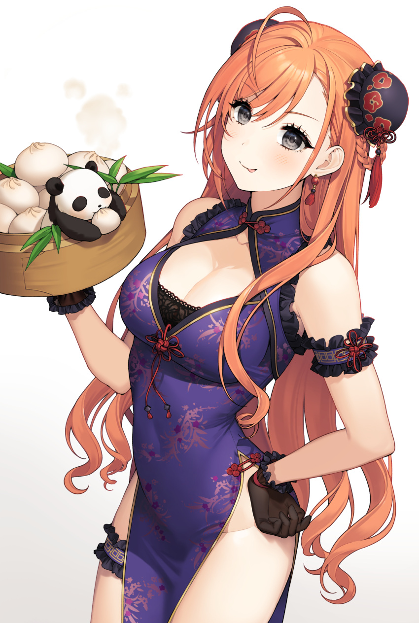 1girl :p arisugawa_natsuha bangs baozi bare_shoulders black_gloves bra breasts china_dress chinese_clothes cleavage commentary_request cowboy_shot cowlick dot_nose double_bun dress earrings food frills gloves grey_eyes hair_bun hand_on_hip highres holding idolmaster idolmaster_shiny_colors jewelry lace-trimmed_bra lace_trim large_breasts long_hair looking_at_viewer orange_hair panda parted_bangs purple_dress shadow sleeveless sleeveless_dress solo split_mouth steam tassel tongue tongue_out underwear yeije