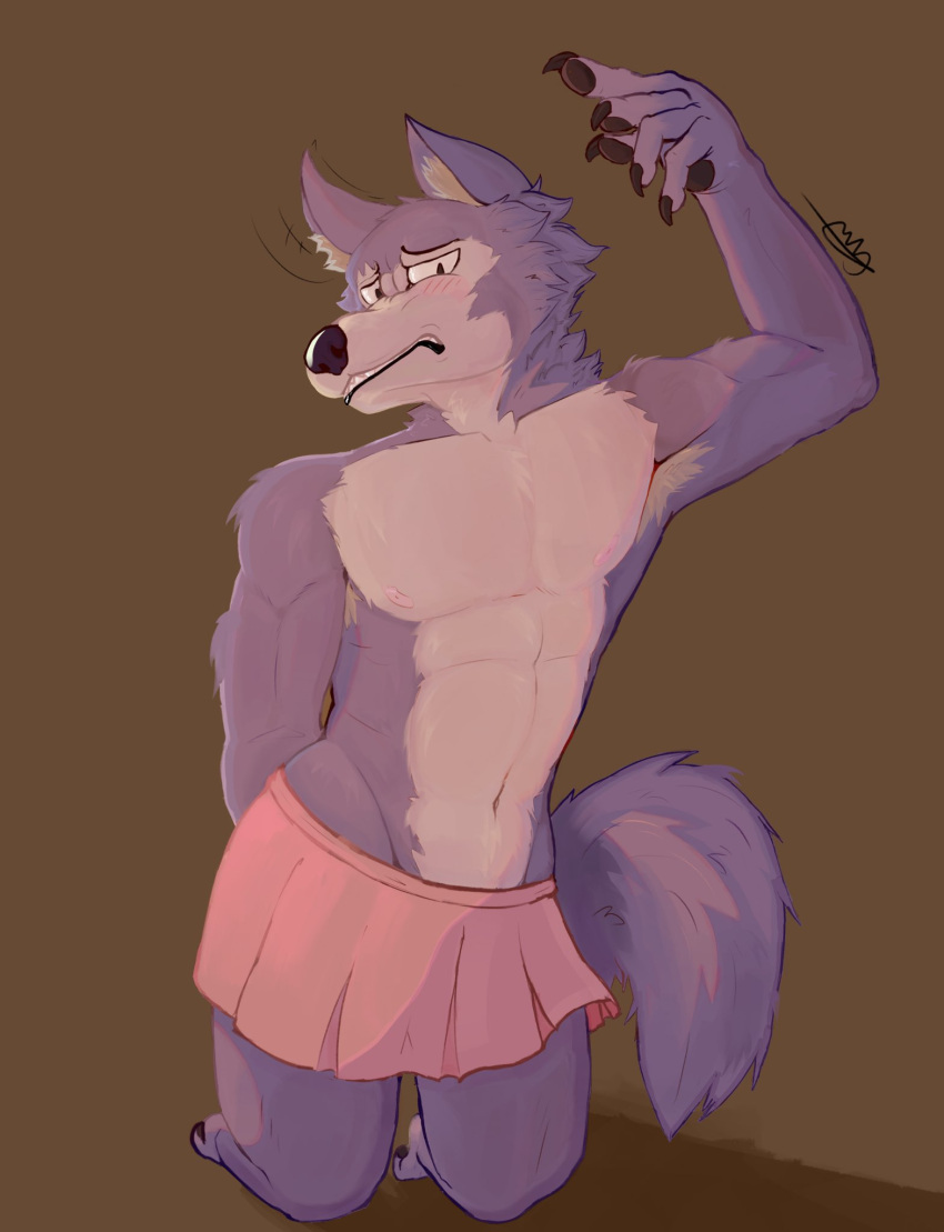 2022 5_fingers abs anthro armpit_hair athletic beastars bent_legs biped black_lips blush blush_lines body_hair bottomwear bottomwear_only claws clothing colored cwasaunt digital_drawing_(artwork) digital_media_(artwork) finger_claws fingers frown head_turned hi_res hindpaw inner_ear_fluff kneeling legoshi_(beastars) lips looking_at_viewer male motion_lines mouth_closed navel nipples pawpads paws pecs portrait pose raised_arm shaded signature simple_background simple_shading skirt solo teeth transversus_abdominus tuft