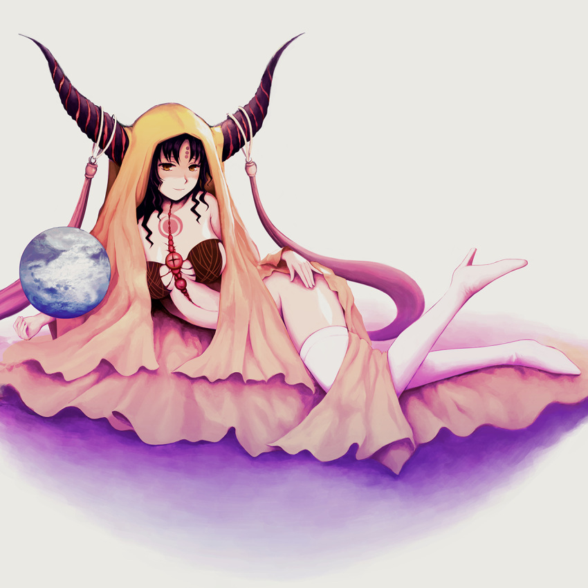 1girl bangs black_hair boots breasts chest_tattoo closed_mouth commentary dress facial_mark fate/grand_order fate_(series) forehead_mark forehead_tattoo full_body highres horn_ornament horn_ring horns leg_up long_hair long_sleeves looking_at_viewer lying on_side parted_bangs pixiv_fate/grand_order_contest_1 planet polomeria sesshouin_kiara sesshouin_kiara_(beast_iii/r) sideboob simple_background smile solo tassel tattoo thigh_boots veil white_background white_footwear wide_sleeves yellow_dress yellow_eyes yellow_headwear