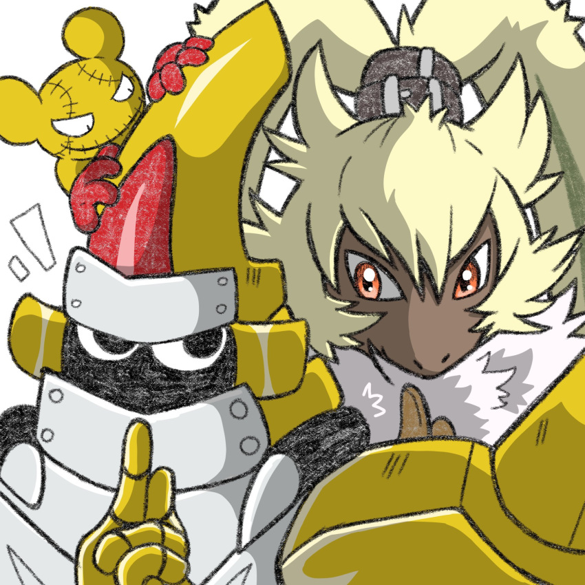 anthro bandai_namco clothing digimon digimon_ghost_game digimon_xros_wars fur gloves group handwear hi_res lagomorph leporid long_ears male mammal orange_eyes ponytail_ears portugueselynx rabbit smile symbareangoramon trio tyutyumon yellow_body yellow_fur