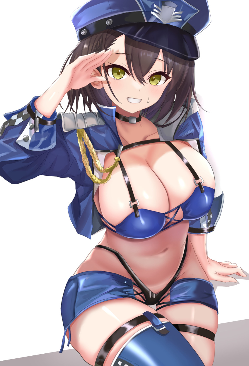 1girl absurdres ana_(vvvvor) arm_up azur_lane baltimore_(azur_lane) bangs bikini black_bikini blue_bikini blue_headwear blue_jacket braid breasts brown_hair choker cleavage cropped_jacket french_braid gloves green_eyes grin hair_between_eyes hat highleg highleg_bikini highres jacket large_breasts looking_at_viewer mismatched_bikini navel official_alternate_costume open_clothes open_jacket peaked_cap race_queen short_hair simple_background single_thighhigh sitting smile solo stomach sweat swimsuit teeth thigh_gap thigh_strap thighhighs white_background