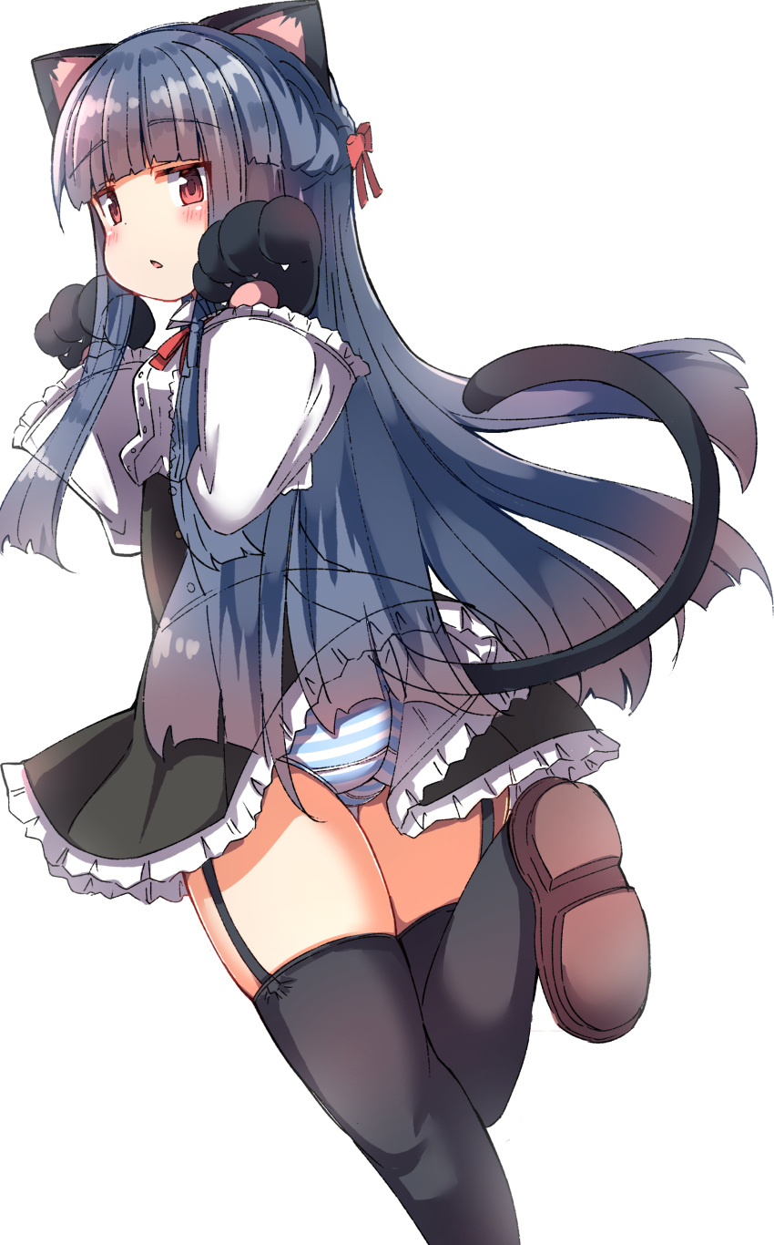 1girl absurdres animal_ears animal_hands ass bangs black_gloves black_hair black_skirt black_thighhighs blush bow braid brown_footwear cat_ears cat_girl cat_tail frilled_skirt frilled_sleeves frills from_behind garter_straps gloves hair_bow hands_up high-waist_skirt highres idolmaster idolmaster_cinderella_girls idolmaster_cinderella_girls_starlight_stage kemonomimi_mode long_hair long_sleeves looking_at_viewer looking_back panties parted_lips paw_gloves red_bow red_eyes sajo_yukimi shirt shoe_soles shoes simple_background skirt sleeves_past_wrists solo standing standing_on_one_leg striped striped_panties tail thighhighs umberblack underwear very_long_hair white_background white_shirt wide_sleeves