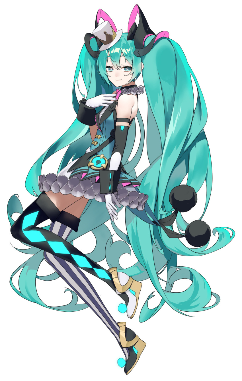 1girl aqua_eyes aqua_hair argyle argyle_legwear arm_at_side armband asymmetrical_footwear asymmetrical_legwear bare_shoulders black_footwear black_sleeves black_thighhighs bow bowtie breasts bubble_skirt buttons center_frills closed_mouth detached_sleeves double-breasted eyelashes eyes_visible_through_hair frills full_body gloves grey_thighhighs hair_between_eyes hair_ornament hand_on_own_chest hat hatsune_miku highres light_smile long_hair looking_afar magical_mirai_(vocaloid) magical_mirai_miku magical_mirai_miku_(2019) mini_hat mini_top_hat mismatched_footwear mismatched_legwear neck_ruff pink_bow pink_bowtie platform_footwear pom_pom_(clothes) rsk_(tbhono) shiny shiny_hair shoes shoulder_blades sidelocks simple_background single_detached_sleeve skindentation skirt small_breasts solo star_(symbol) star_in_eye striped striped_thighhighs symbol_in_eye thighhighs top_hat traditional_bowtie tsurime twintails two-tone_legwear underbust vertical-striped_thighhighs vertical_stripes very_long_hair vocaloid wavy_hair white_background white_footwear white_gloves white_headwear white_skirt white_thighhighs wing_collar wrist_cuffs zettai_ryouiki