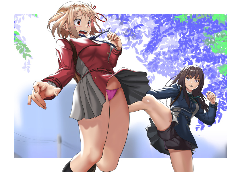 2girls absurdres accidental_exposure annoyed assisted_exposure backpack bag bangs belt black_hair black_socks black_underwear blonde_hair blue_belt blue_dress blue_ribbon blurry blurry_background blush border boxer_briefs breasts chisato_and_takina_kicking_each_other's_butt_(meme) clenched_teeth collared_shirt commentary_request dress grey_dress hair_ribbon highres inoue_takina kicking leaf loafers long_hair lycoris_recoil lycoris_uniform male_underwear medium_breasts meme multiple_girls neck_ribbon nishikigi_chisato open_mouth panties pantyshot pink_panties pleated_dress power_lines purple_eyes red_belt red_dress red_eyes red_ribbon ribbon shirt shoes short_hair skindentation socks string_panties surprised teeth thighs tree two-tone_dress underwear utility_pole white_border white_shirt yagi_(joe731842)