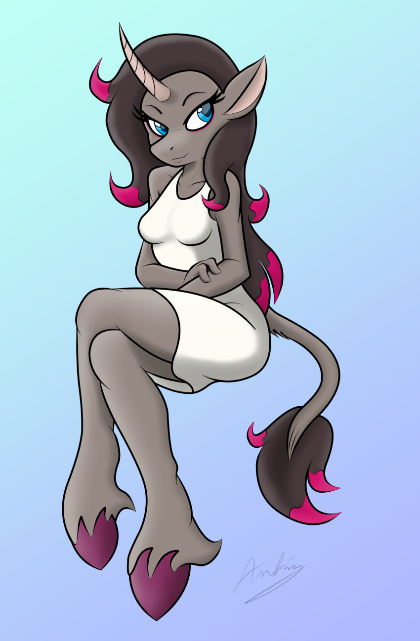 absurd_res ambris anthro black_hair blue_eyes clothing cloven_hooves crossed_arms crossed_legs dress equid equine eyelashes female fur gradient_background grey_body grey_fur hair hi_res highlights_(coloring) hooves horn lidded_eyes mammal oleander_(tfh) pink_highlights purple_hooves signature simple_background smile smiling_at_viewer solo tail_tuft them's_fightin'_herds tuft unguligrade_anthro unicorn white_clothing white_dress