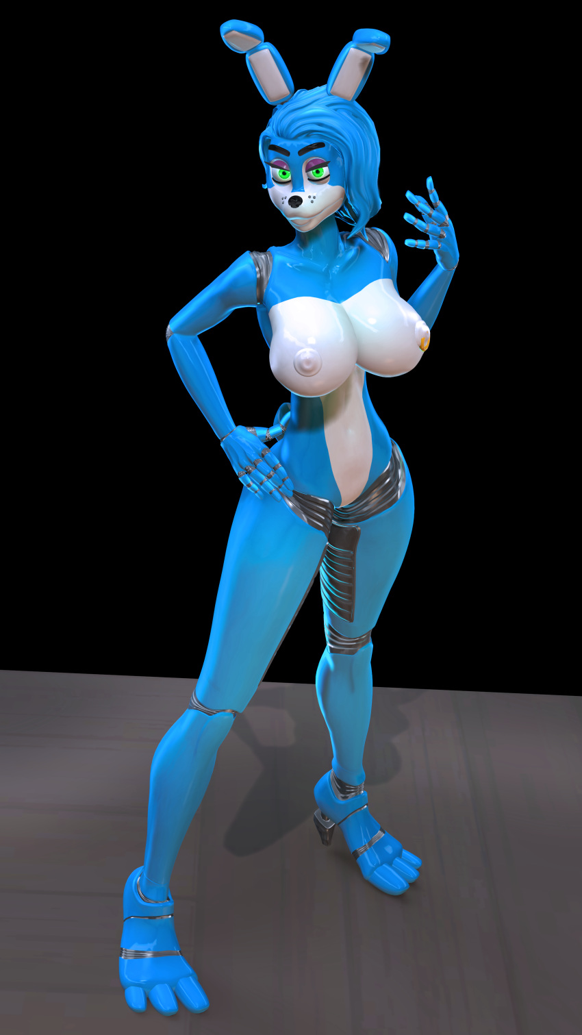 absurd_res anthro big_breasts breasts countershading curvy_figure exposed_breasts f4 female female/female five_nights_at_freddy's five_nights_at_freddy's_2 glowing glowing_eyes green_eyes hair hand_on_hip hi_res huge_filesize humanoid long_hair looking_at_viewer machine nipple_piercing nipples nude piercing plastic robot robot_humanoid scottgames solo standing thick_thighs toy_bonnie_(fnaf) video_games