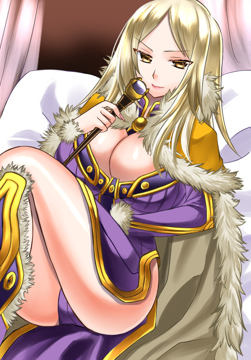1girl 74 bangs blonde_hair breasts brown_cape cape cleavage closed_mouth commentary_request dress feet_out_of_frame fur-trimmed_cape fur_trim highres holding holding_staff large_breasts long_hair looking_at_viewer on_bed parted_bangs purple_dress ragnarok_online short_dress sitting sitting_on_bed smile solo staff wizard_(ragnarok_online) yellow_eyes