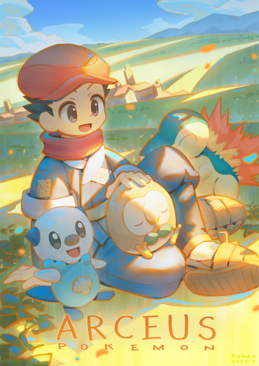 1boy :d black_hair building cloud commentary_request copyright_name cyndaquil day hat highres hill jacket koken_j logo male_focus on_lap open_mouth oshawott outdoors pants pokemon pokemon_(creature) pokemon_(game) pokemon_legends:_arceus pokemon_on_lap red_headwear red_scarf rei_(pokemon) rowlet scarf shirt shoes short_hair sitting sky smile