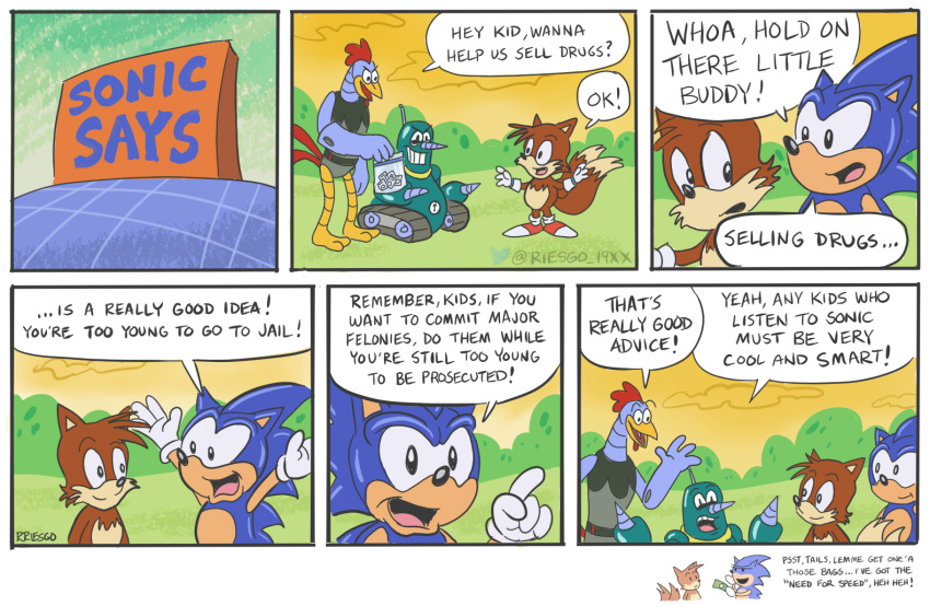 adventures_of_sonic_the_hedgehog anthro blue_body blue_fur brown_body brown_fur canid canine clothing comic eulipotyphlan fox fur gloves grounder_(adventures_of_sonic_the_hedgehog) group handwear hedgehog machine male mammal miles_prower parody red_sneakers robot rriesgo scratch_(adventures_of_sonic_the_hedgehog) sega sonic_the_hedgehog sonic_the_hedgehog_(series) white_clothing white_gloves white_handwear yellow_sky