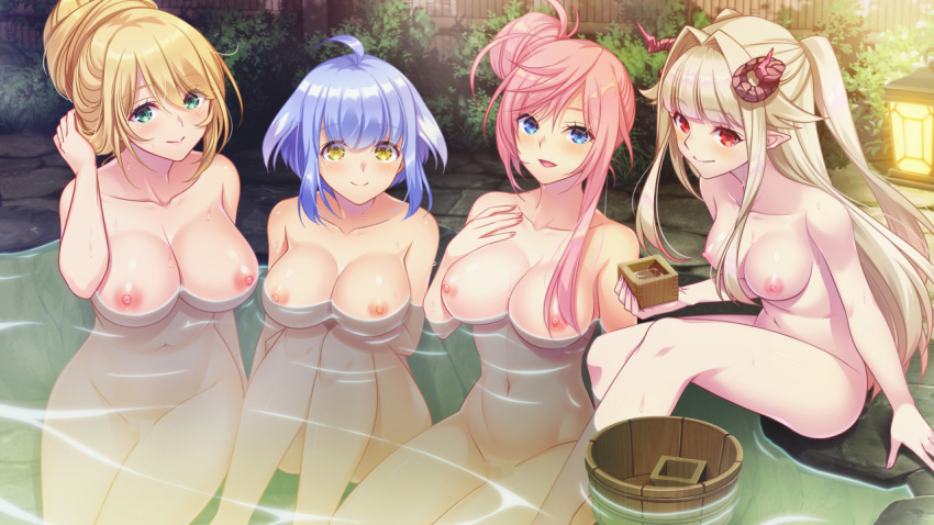 4girls ahoge anonimu bangs bath bathing blonde_hair blue_eyes blue_hair blush breasts bucket censored choko_(cup) completely_nude cup curled_horns ema_artina feet_out_of_frame game_cg green_eyes hair_bun hair_intakes half_updo high_ponytail holding horns knees_up large_breasts long_hair looking_at_viewer luna_artina medium_breasts mosaic_censoring multiple_girls navel nipples nude official_art onsen open_mouth partially_submerged photoshop_(medium) pink_hair pussy red_eyes ren_artina shano_(tonatotsu_isekai_no_sanshimai-san_ga_totsuide_kimashita!?) short_hair sitting smile soaking_feet tonatotsu_isekai_no_sanshimai-san_ga_totsuide_kimashita!? two_side_up water wet wooden_bucket yellow_eyes