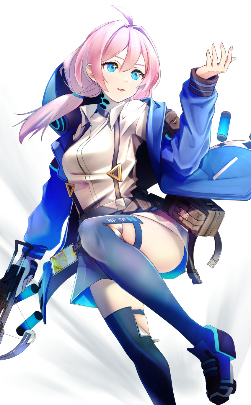 1girl ahoge arknights black_choker black_shorts black_thighhighs blue_eyes blue_jacket blue_poison_(arknights) choker crossbow hair_between_eyes hair_intakes highres holding holding_crossbow holding_weapon hood hooded_jacket jacket long_sleeves low_twintails medium_hair open_clothes open_jacket open_mouth pink_hair shirt shorts smile solo suspenders thighhighs twintails weapon white_shirt yokaze_(yokajie)