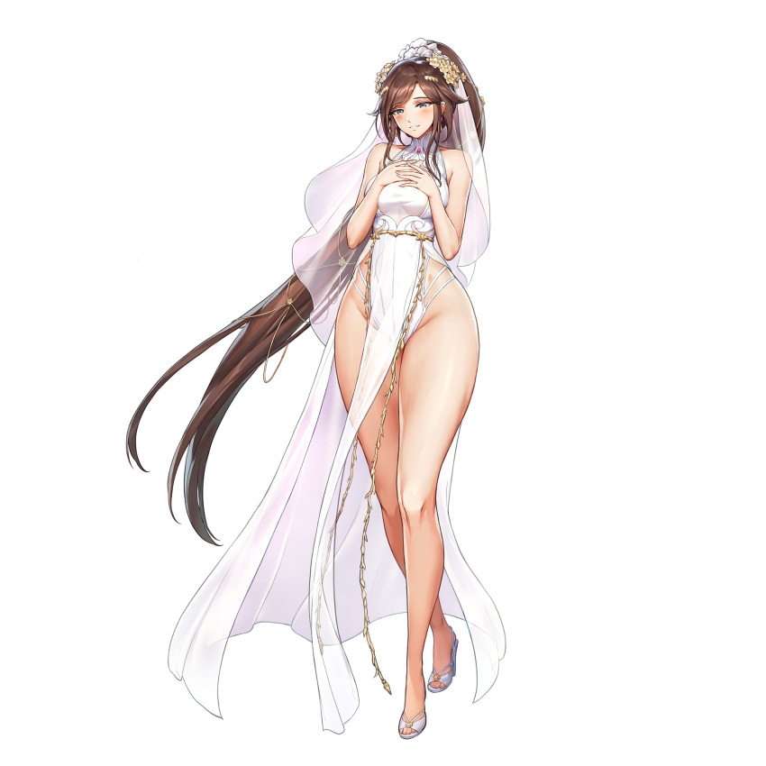 1girl bangs blush breasts bridal_lingerie bridal_veil bride brown_hair clothing_cutout dress flower full_body game_cg gem grey_eyes grin groin hair_flower hair_ornament hairclip hands_on_own_chest high_heels highres hip_focus kakiman khan_the_swift large_breasts last_origin linea_alba lingerie long_hair official_alternate_costume official_art open_mouth pelvic_curtain ponytail red_gemstone revealing_clothes see-through simple_background smile solo tachi-e thick_thighs thighs transparent_background underwear veil very_long_hair wedding_dress white_dress white_footwear wide_hips yellow_flower