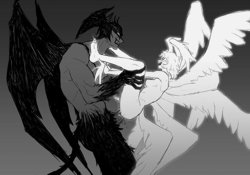 angel angel_wings asuka_ryou breasts claws demon demon_boy demon_horns demon_tail demon_wings devilman devilman_(character) devilman_crybaby erection fangs fudou_akira futa_with_male futanari horns male_on_futa monochrome multiple_wings penis rzklh satan_(devilman) sex smile suspended_congress tail wings