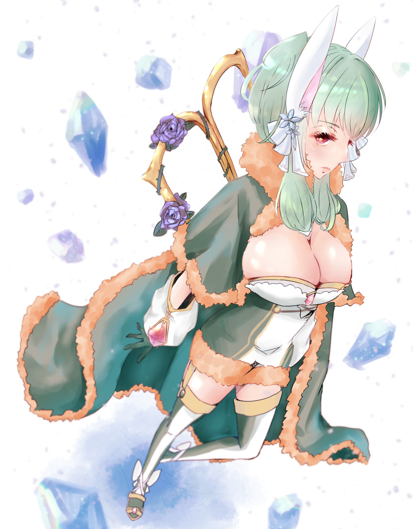 1girl absurdres animal_ears bangs black_gloves breasts cape cleavage closed_mouth commentary_request crystal dress expressionless flower fukurou_(usotukunayona) full_body fur-trimmed_cape fur-trimmed_dress fur_trim garter_straps gloves green_cape green_dress green_hair grey_thighhighs highres large_breasts looking_at_viewer medium_hair official_alternate_costume purple_flower rabbit_ears ragnarok_online red_eyes rose sandals short_dress sidelocks solo thighhighs two-tone_dress two-tone_legwear warlock_(ragnarok_online) white_dress white_thighhighs yellow_footwear