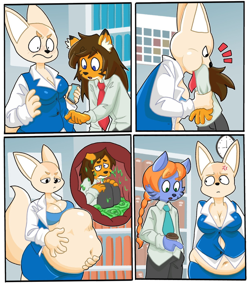 aggressive_retsuko angry anthro belly belly_overhang bf-felz big_belly blouse bodily_fluids bottomwear bra braided_hair braided_ponytail breasts brown_hair businesswear canid canine cellphone clothed clothing comic cross-popping_vein digestion duo felid female female_pred fennec fenneko fox hair head_in_mouth hi_res holding_belly inside inside_stomach internal long_hair male male_prey mammal medium_breasts navel necktie office open_clothing open_shirt open_topwear oral_vore organs pantherine pencil_skirt phone poking sanrio shirt skirt stomach stomach_acid straining_buttons swallowing tiger topwear underwear vest vore weight_gain wrist_grab