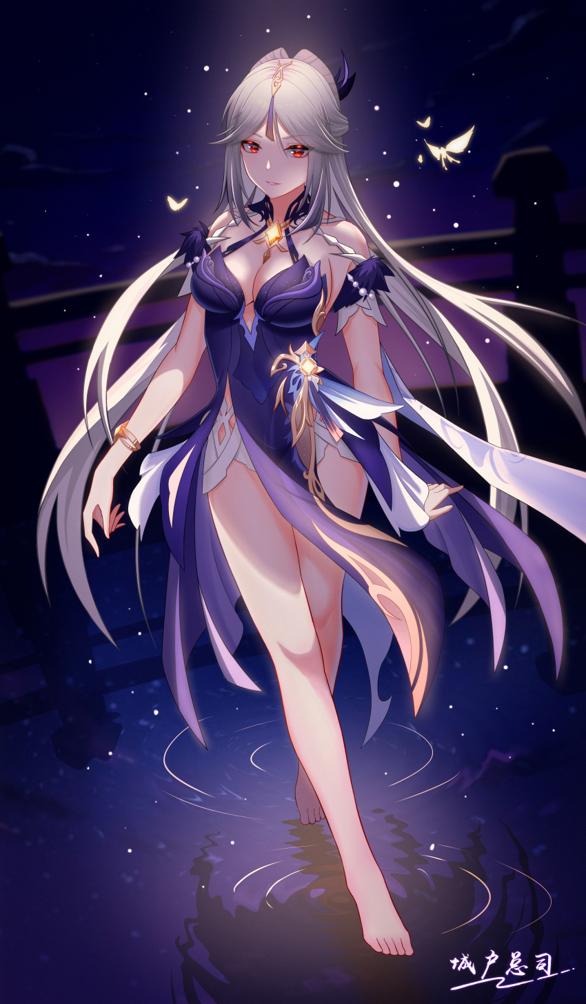 1girl absurdres bangs bare_legs bare_shoulders barefoot bracelet breasts bug chenghuzongsi cleavage dress dutch_angle full_body genshin_impact glowing hair_ornament highres jewelry long_hair looking_at_viewer medium_breasts moth night night_sky ningguang_(genshin_impact) nipples parted_bangs parted_lips pelvic_curtain purple_dress red_eyes ripples sky smile solo standing standing_on_liquid tassel tassel_hair_ornament thighs toes white_hair