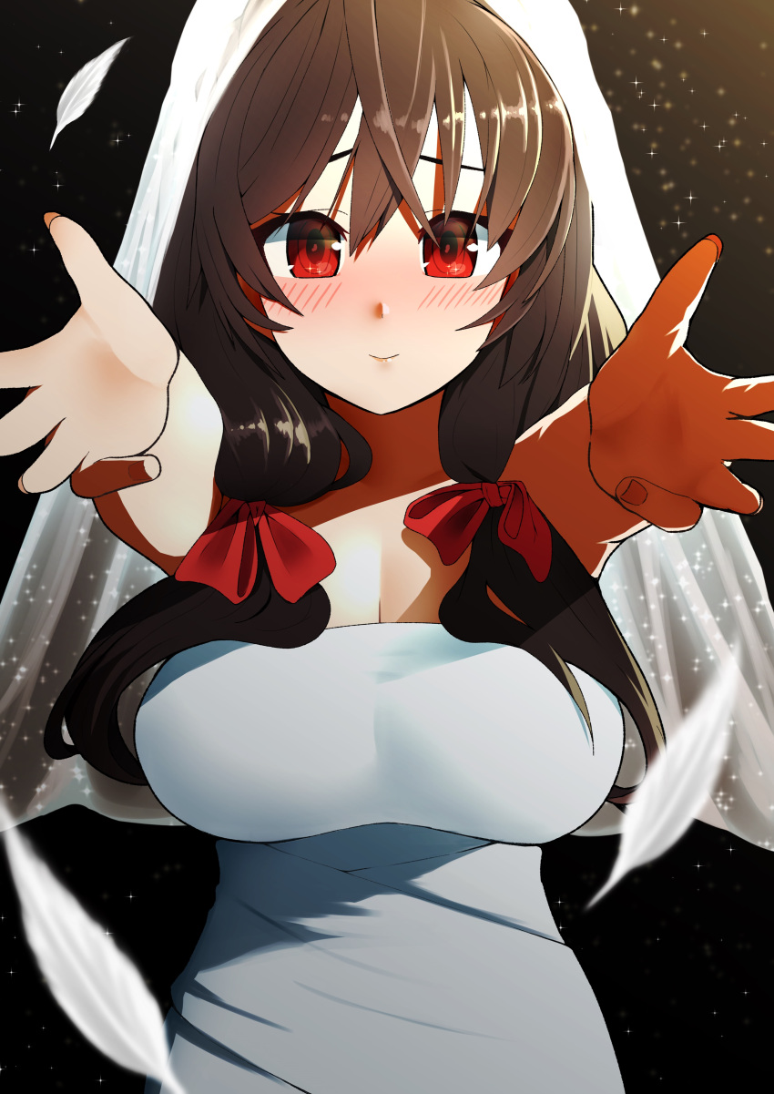 1girl absurdres bans blush bow breasts brown_hair cleavage closed_mouth dress feathers hair_between_eyes hair_bow highres kono_subarashii_sekai_ni_shukufuku_wo! large_breasts long_hair looking_at_viewer reaching_out red_bow red_eyes shita_(yagisauce_07) smile solo strapless strapless_dress veil wedding_dress white_feathers yunyun_(konosuba)