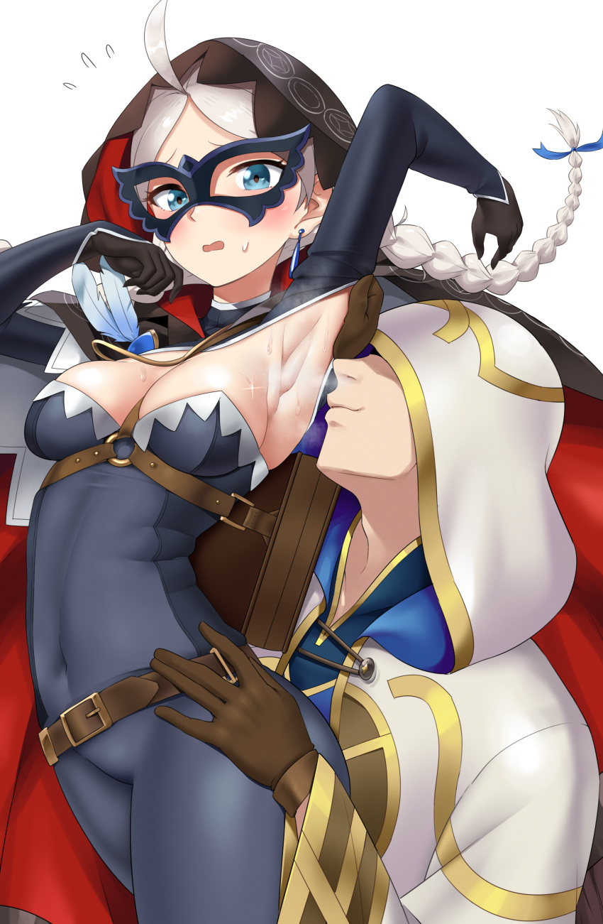 1boy 1girl absurdres ahoge armpit_crease armpit_focus ass bangs blue_bodysuit blue_eyes blush bodysuit breasts cape chain cleavage cloak commission commissioner_upload couple covered_navel earrings eye_mask faceless faceless_male feathers fire_emblem fire_emblem_fates fire_emblem_heroes gem gloves gold_chain hand_on_another's_hip harness hetero highres hood hood_up hooded_cape hooded_cloak igni_tion jewelry kiran_(fire_emblem) leather leather_belt leather_gloves low_twintails medium_breasts nina_(fire_emblem) non-web_source o-ring official_alternate_costume open_mouth parted_bangs shy smelling smelling_armpit sparkle sweat turtleneck twintails two-tone_bodysuit two-tone_cape white_hair