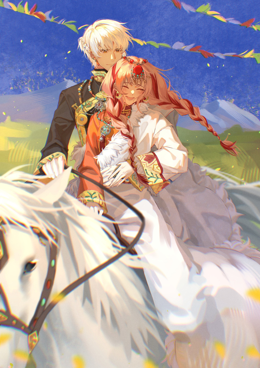 1boy 1girl absurdres braid china_dress chinese_clothes closed_eyes closed_mouth dress french_braid grin highres horse jewelry light_and_night_love long_hair long_sleeves miao_clothes open_mouth protagonist_(light_and_night_love) qi_sili smile twin_braids white_hair yinghuacanluo